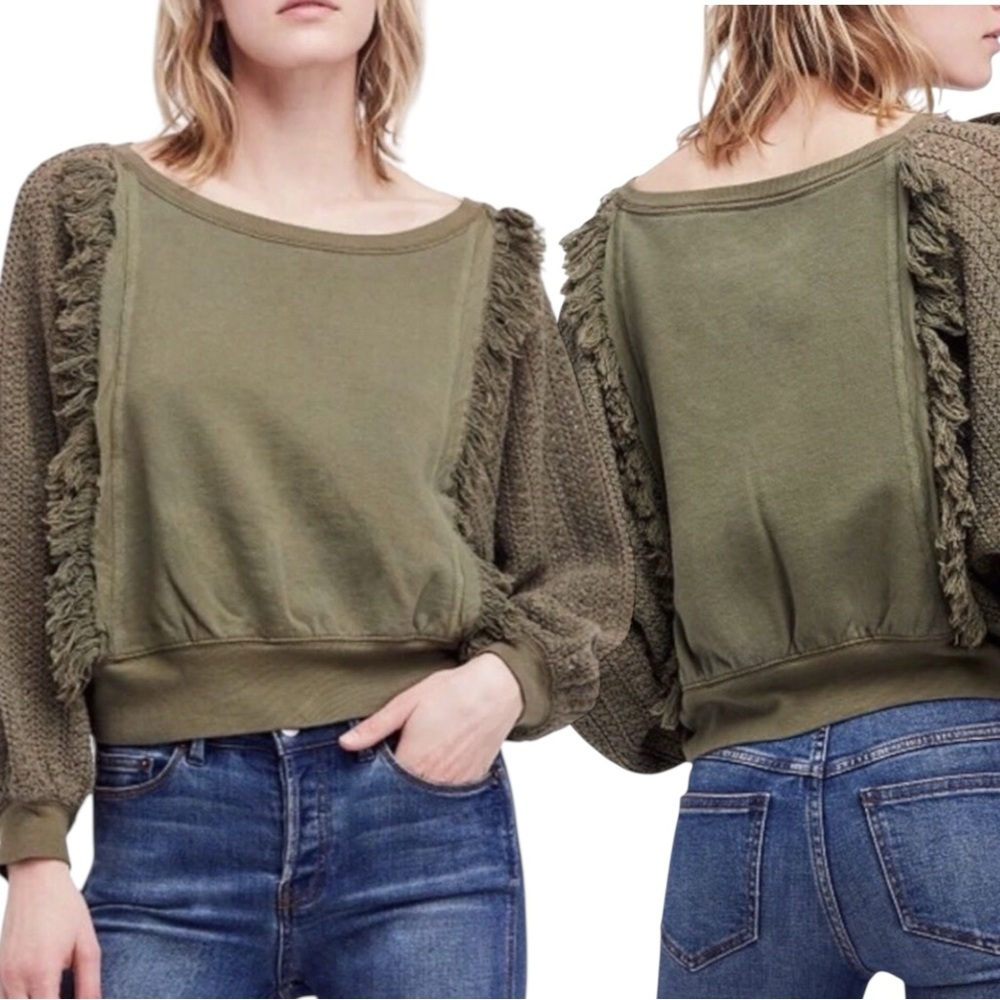 Free People Faff & Fringe Sweater Olive Green Dolman Sleeve Knit